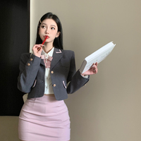 Dark Academia Pink Girly Retro Gray Suit Jacket Long Sleeve White T Shirt Pink Short Skirt - Thumbnail 2