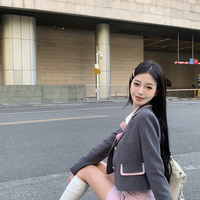 Dark Academia Pink Girly Retro Gray Suit Jacket Long Sleeve White T Shirt Pink Short Skirt - Thumbnail 3