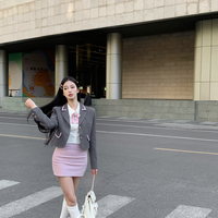 Dark Academia Pink Girly Retro Gray Suit Jacket Long Sleeve White T Shirt Pink Short Skirt - Thumbnail 5
