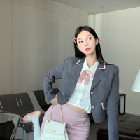 Dark Academia Pink Girly Retro Gray Suit Jacket Long Sleeve White T Shirt Pink Short Skirt - Thumbnail 8