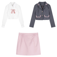 Dark Academia Pink Girly Retro Gray Suit Jacket Long Sleeve White T Shirt Pink Short Skirt - Thumbnail 9