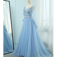 Elegant Floral Tulle Blue Prom Dress A-Line Lace Appliques with 3D Flowers Formal Evening Gowns with Cape Rehearsal Dinner Dress for Bride，1491 - Thumbnail 1