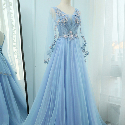 Elegant floral tulle blue prom dress a-line lace appliques with 3d flowers formal evening gowns with cape rehearsal dinner dress for bride，1491 - Thumbnail 1