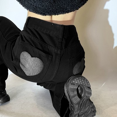 ​sexy goth girl street black & gray heart high waist jeans pants - Thumbnail 1