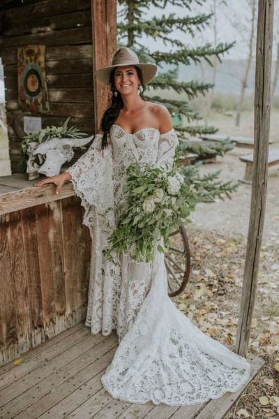 Lace Country Wedding Dress, Off Shoulder Lace Wedding Dress, Long Bridal Dress,1492