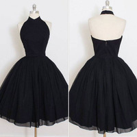 Halter Neck Black Chiffon Prom Dresses,Short Homecoming Dresses,School Back Dresses,1498 - Thumbnail 1