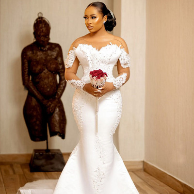 Mermaid wedding dresses with sheer neck illusion long sleeves lace bridal dress plus size,1499 - Thumbnail 1