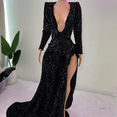 Sexy black sequin mermaid long prom dresses african girl v-neck with long sleeves high slit party dress,1500 - Thumbnail 1