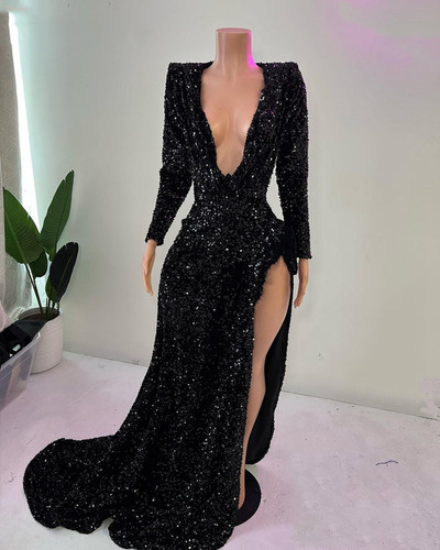 Sexy Black Sequin Mermaid Long Prom Dresses African Girl V-neck With Long Sleeves High Slit Party Dress,1500