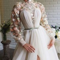 Princess A-Line High Neck Long Sleeve White Lace Embroidery Prom Dress,Side Slit Wedding Dress,1502 - Thumbnail 1