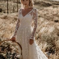 Vintage A-Line V Neck Long Sleeve Lace Boho Wedding Dresses,Lace Appliques Bridal Gown,1503 - Thumbnail 1