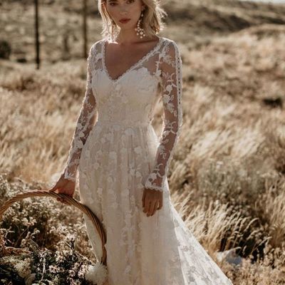 Vintage a-line v neck long sleeve lace boho wedding dresses,lace appliques bridal gown,1503 - Thumbnail 1
