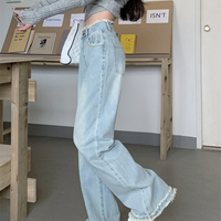 Spring Women Retro Raw Edge High Wast Wide Leg Light Blue Jeans Pants - Thumbnail 4