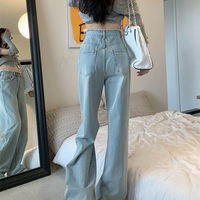 Spring Women Retro Raw Edge High Wast Wide Leg Light Blue Jeans Pants - Thumbnail 7