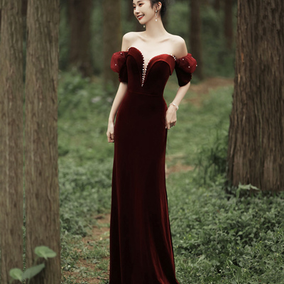 Burgundy velvet long prom dress with pearls, mermaid off shoulder evening party dress - Thumbnail 1