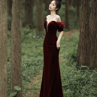 Burgundy Velvet Long Prom Dress with Pearls, Mermaid Off Shoulder Evening Party Dress - Thumbnail 3