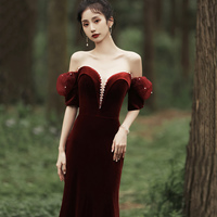 Burgundy Velvet Long Prom Dress with Pearls, Mermaid Off Shoulder Evening Party Dress - Thumbnail 2
