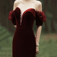 Burgundy Velvet Long Prom Dress with Pearls, Mermaid Off Shoulder Evening Party Dress - Thumbnail 1
