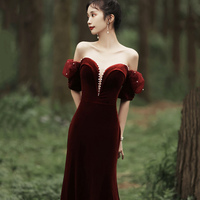 Burgundy Velvet Long Prom Dress with Pearls, Mermaid Off Shoulder Evening Party Dress - Thumbnail 4