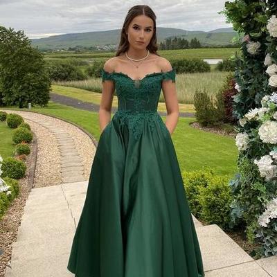 Off shoulder a line emerald green long prom dress with lace - Thumbnail 3