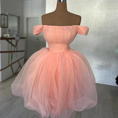 Pretty off shoulder pink tulle short prom dresses - Thumbnail 3