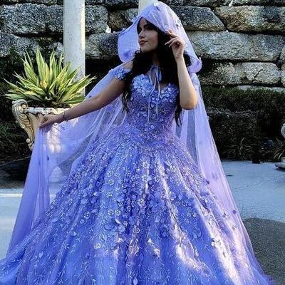 Off shoulder purple ball gown formal prom dresses withflowers - Thumbnail 3