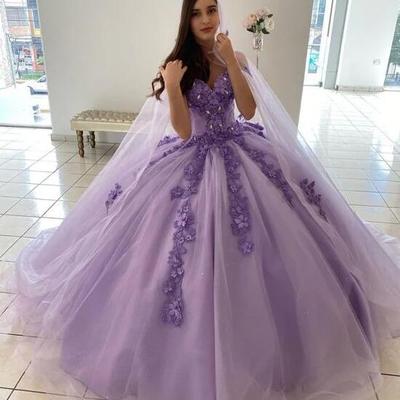 Sweetheart purple ball gown long prom dresses with flowers - Thumbnail 2