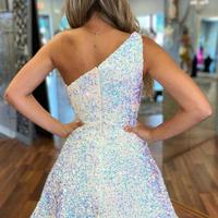 Sparkly A Line One Shoulder White Sequin Short Homecoming Dresses - Thumbnail 1