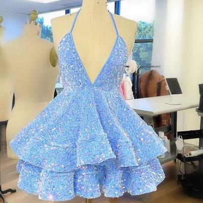 Sexy blue sequin short homecoming dress - Thumbnail 3