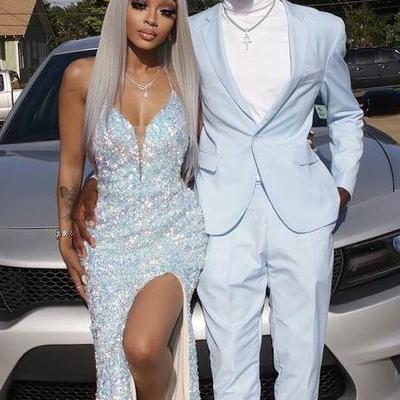 A line straps long sequin prom dresses with split - Thumbnail 1