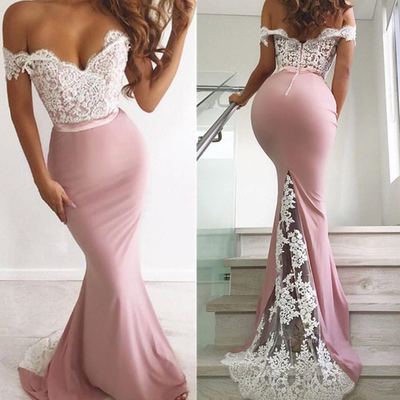 Blush Pink off the shoulder lace long prom gown, Bridesmaid Dresses