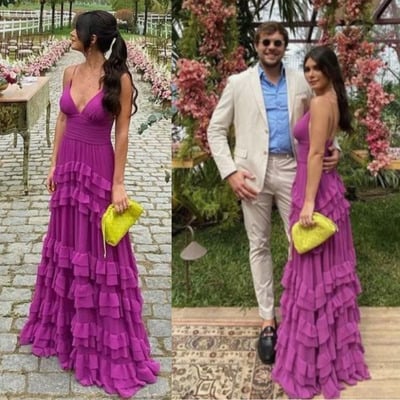 V neck prom dresses fuchsia chiffon floor length - Thumbnail 1