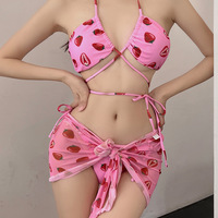 Sweet Strawberry Print Three-piece Swimsuit Bikini - Thumbnail 4