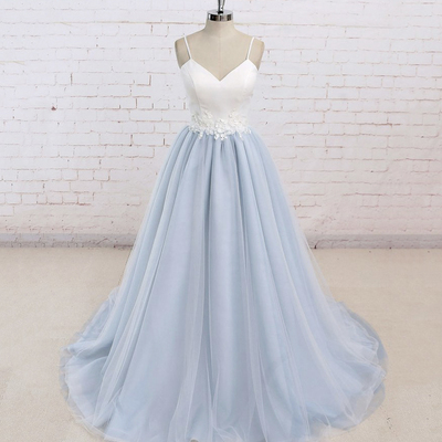 Blue/white spaghetti strap tulle long prom dress with lace, cute a-line formal dress - Thumbnail 2