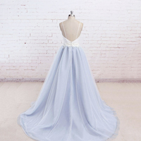 Blue/White Spaghetti Strap Tulle Long Prom Dress with Lace, Cute A-Line Formal Dress - Thumbnail 2