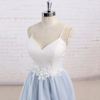 Blue/White Spaghetti Strap Tulle Long Prom Dress with Lace, Cute A-Line Formal Dress - Thumbnail 1