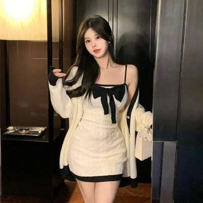 2 piece white knit bow dress + sweater  - Thumbnail 5