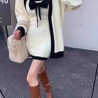 2 Piece White Knit Bow Dress + Sweater  - Thumbnail 6