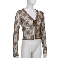 Brown Lace Mesh Tie Up Cardigan  - Thumbnail 1