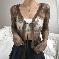 Brown Lace Mesh Tie Up Cardigan  - Thumbnail 2