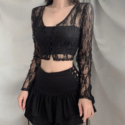Black Lace V Neck Crop Top Cardigan 