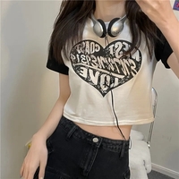Heart Patchwork Short Sleeve Crop Top - Thumbnail 1