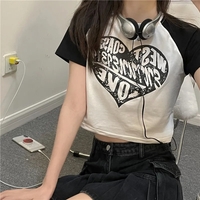 Heart Patchwork Short Sleeve Crop Top - Thumbnail 5