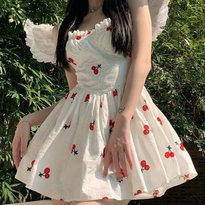 Cherry print spaghetti strap mini dress - Thumbnail 4