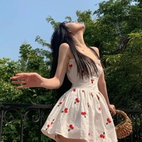 Cherry Print Spaghetti Strap Mini Dress - Thumbnail 1