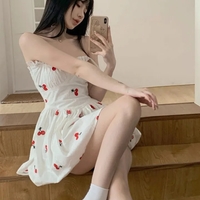 Cherry Print Spaghetti Strap Mini Dress - Thumbnail 4