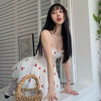 Cherry Print Spaghetti Strap Mini Dress - Thumbnail 9