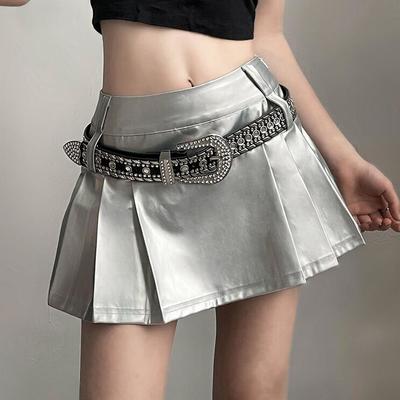 High waist pu leather silver metallic pleated skirts