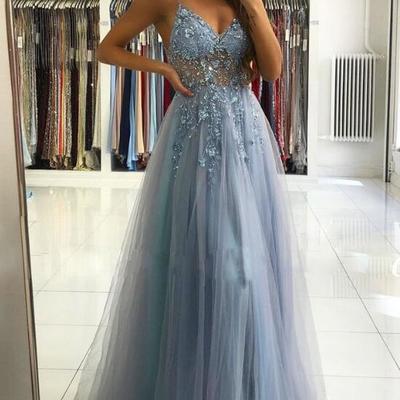 Spaghetti straps a line long prom dresses tulle evening dresses for women  - Thumbnail 2
