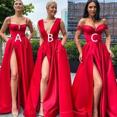Floor length red satin long prom dresses with slit 